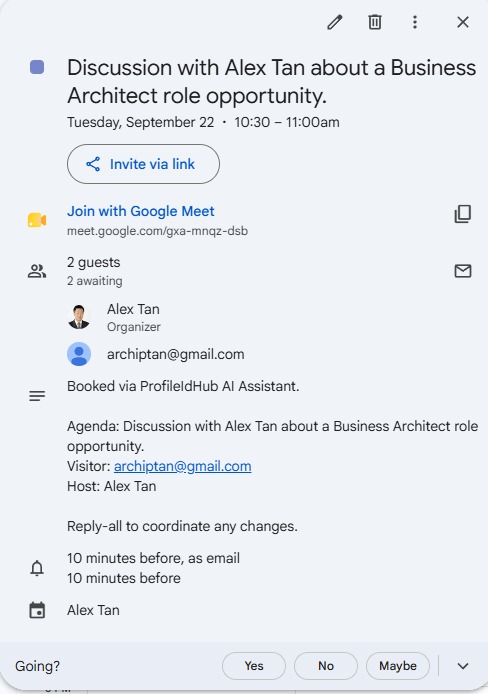 The event lands on the visitor's Google Calendar — Yes / No / Maybe RSVP, Meet link, agenda, and the host all pre-filled.