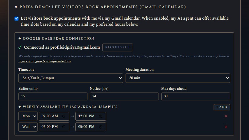 One-time owner setup: connect Gmail, set weekly availability, meeting length, buffer and notice period. Done.