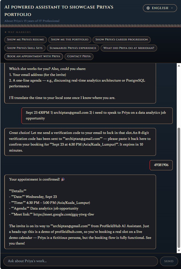 Visitor picks a slot, provides email + agenda, enters the code, and the agent confirms the booking in-chat.