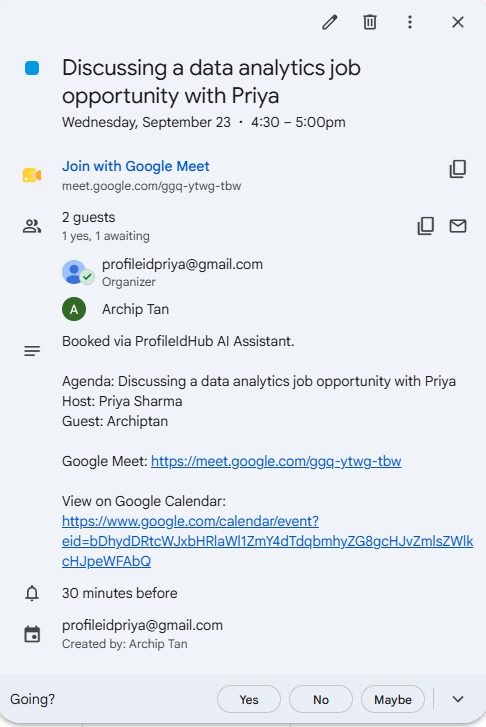 The visitor's Google Calendar auto-adds the event from the attached .ics invite. No 'unknown sender' warning, no manual add.
